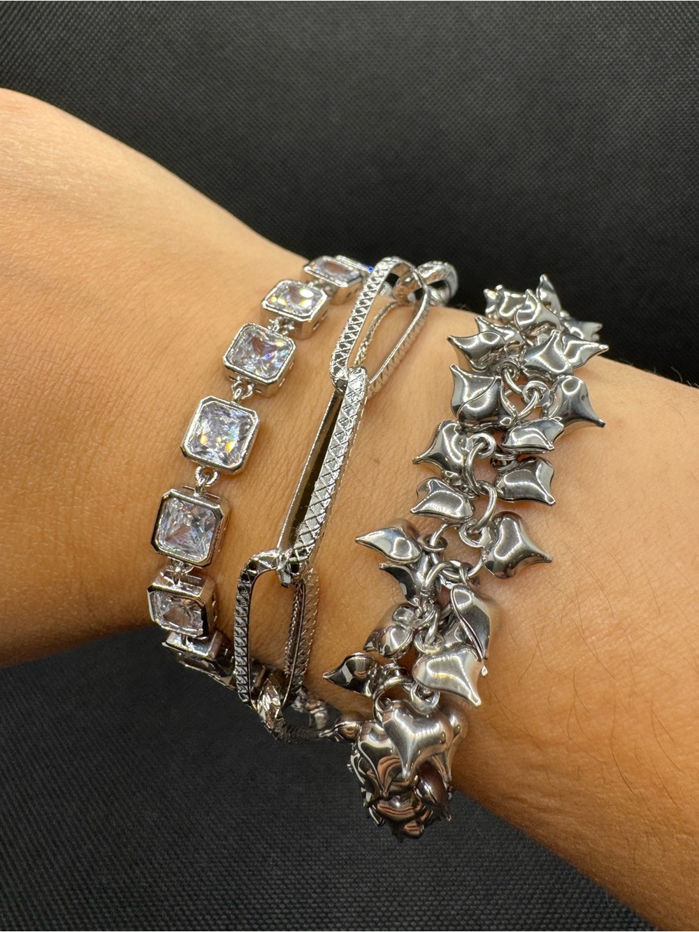 Set of 3: White Rhodium and Stainless Steel Bracelets 6-8โ
